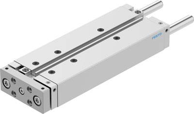 Ein pneumatischer Linearantrieb von Festo mit grauem Gehäuse und zwei Stangen, verwendet für präzise Bewegungssteuerung in der Automatisierung.