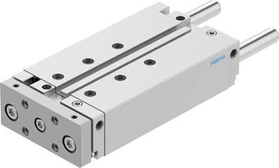 Ein silberner pneumatischer Schlittenzylinder von Festo mit zwei Kolbenstangen. Verwendet für lineare Bewegungen in Maschinen.