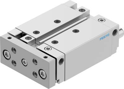 Ein pneumatischer Schlitten von Festo, kompakte Bauform, geeignet für lineare Bewegungen in der Automatisierungstechnik.
