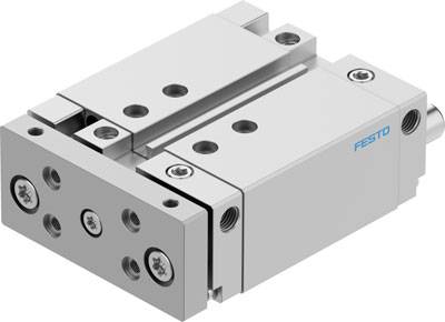 Ein pneumatischer Schlittenzylinder von Festo in silberner Farbe, geeignet für präzise Bewegungssteuerung in automatisierten Systemen.