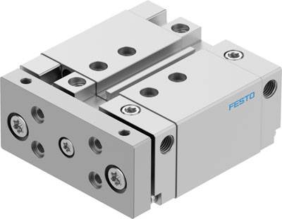 Silbernes, rechteckiges pneumatisches Bauteil mit mehreren Schrauben und 'FESTO'-Logo, verwendet in Automatisierungssystemen.