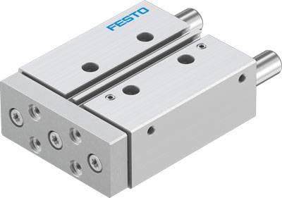 Pneumatische Linearführung von Festo, silberfarben, rechteckige Form mit Schraubenlöchern und zwei Zylinderstangen an der Seite.