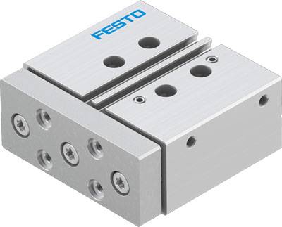 Silberner pneumatischer Schlitten von Festo, quadratische Form, mit mehreren Schraubbefestigungen und blauer Festo-Aufschrift.