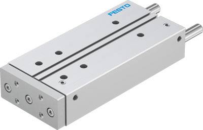 Pneumatischer Schlitten von Festo mit silbernem Gehäuse und mehreren Befestigungslöchern, geeignet für industrielle Automatisierung.