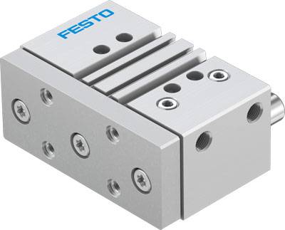 Ein silberner Pneumatikzylinder von Festo mit mehreren Schraubenlöchern und flachem Design.