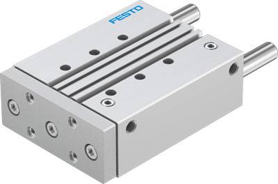 Ein rechteckiger pneumatischer Zylinder mit zwei parallel verlaufenden Stangen, oben mit dem Wort 'Festo' beschriftet.