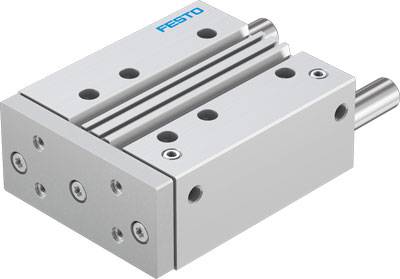 Festo Schlittenmodul, silberfarbenes metallisches Gehäuse mit mehreren Befestigungslöchern, linearer Antrieb, kompakte Bauweise.
