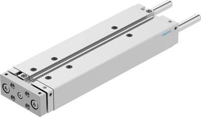 Pneumatischer Schlitten mit zwei Führungsstangen und rechteckigem Gehäuse. Produkt von Festo, bekannt für Automatisierungstechnologie.