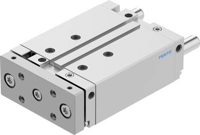Ein pneumatischer Schlittenzylinder mit langer Plattform und zwei Führungsschienen, geeignet für lineare Bewegungen in Automatisierungssystemen.