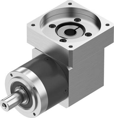 Ein kompaktes Planetengetriebe aus Metall mit winkliger Anordnung, ideal für präzise Bewegungssteuerungen in Maschinen.