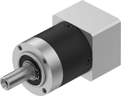 Ein silbernes und schwarzes Getriebe, zylindrische Bauweise, mit quadratischem Flansch, vor weißem Hintergrund.
