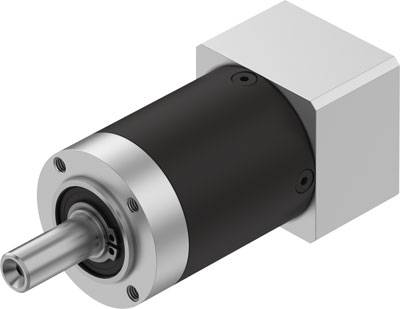 Schwarz-silberner Motor oder Getriebe in zylindrischer Form, verbunden mit einem silbernen, quaderförmigen Gehäuse.