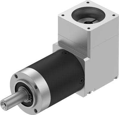 Schwarzes und silbernes Getriebemotor-Bauteil mit quadratischer Montageplatte und zylindrischem Schaft, aus Metall gefertigt.