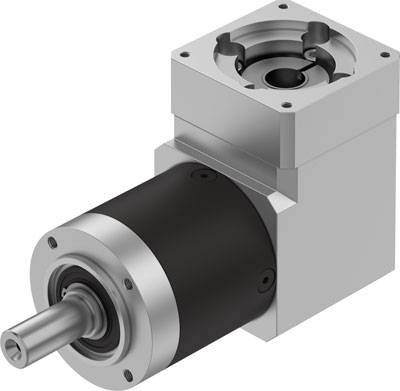 Ein metallischer Getriebemotor mit zylindrischem Gehäuse und rechteckigem Flansch, geeignet für industrielle Anwendungen.