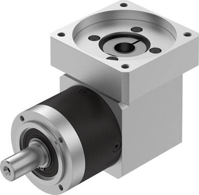 Ein Winkelgetriebe aus Metall mit quadratischem Gehäuse und rundem Abgang. Wird zur Kraftübertragung in Maschinen verwendet.
