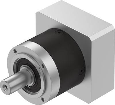 Ein Planetengetriebe mit quadratischem Montageflansch und zylindrischer Welle. Es dient zur präzisen Übertragung von Drehmomenten.