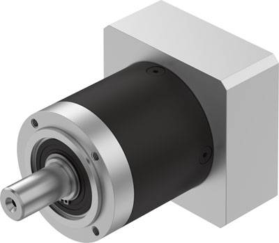 Schwarzes Planetengetriebe mit silbernem Flansch und sichtbarem Abtriebswellenstumpf, geeignet für Maschinenbauanwendungen.