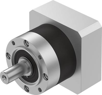 Ein silbernes, quadratisches Getriebegehäuse mit einer schwarzen Mittelpartie und einer herausragenden Metallwelle.