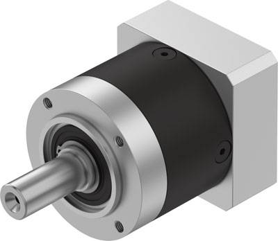 Ein schwarzes, metallisches Getriebe mit silbernem Ring und sichtbarem Wellenende, vor weißem Hintergrund, in perspektivischer Ansicht.