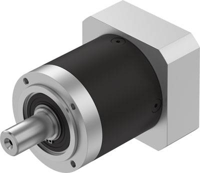 Ein zylindrischer, schwarzer Getriebemotor mit silbernem Gehäuse und quadratischer Basis, das eine Welle nach vorne zeigt.
