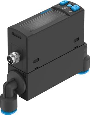 Ein rechteckiges elektronisches Gerät mit schwarzem Gehäuse und blauen Knöpfen, verbunden mit zwei blauen Schläuchen an der Seite.
