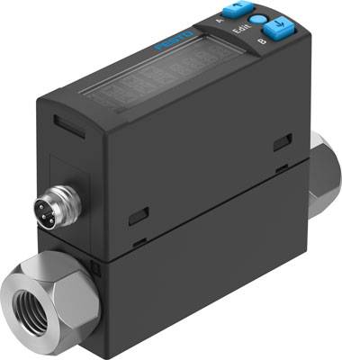 Ein schwarzer elektronischer Durchflusssensor mit digitalem Display, einem Einlass und Auslassventil, und einem Anschlussstecker.