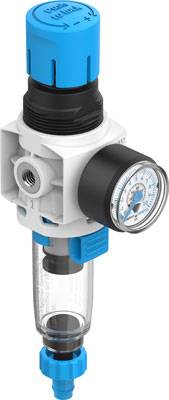 Luftdruckregler mit blauem Drehknopf und Druckanzeige, auf einem weißen Hintergrund.