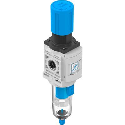 Druckregler mit blauem Drehknopf und transparentem Filter, verwendet zur Regulierung von Luftdruck in pneumatischen Systemen.
