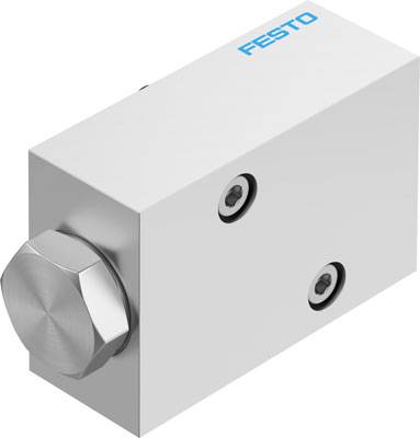 Rechteckiger metallischer Druckschalter mit blauer 'Festo'-Aufschrift, zwei Schraubenlöchern und einem Knopf an der Vorderseite.