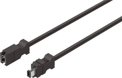 Zwei schwarze Kabel mit rechteckigen Steckern, geeignet für elektronische Geräteverbindungen.