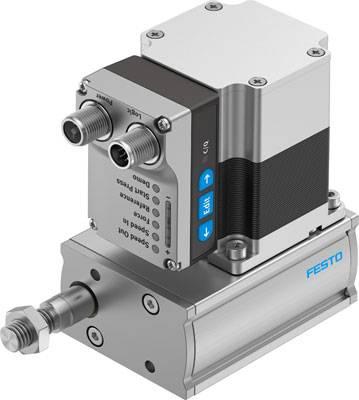 Ein pneumatischer Antrieb bestehend aus einem silbernen Zylinder mit zwei blauen Druckknöpfen und zwei Metallanschlüssen, markiert mit 'Festo'.