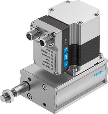 Ventilsteuergerät von Festo mit zwei Steckverbindern oben, blauen Pfeiltasten an der Seite und montierten Zylinderschrauben.