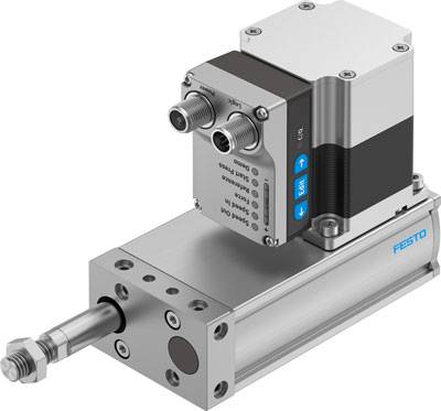 Abbildung eines pneumatischen Zylinders der Firma Festo mit integrierter Steuerungseinheit. Sichtbar sind Anschlüsse und Bedienknöpfe.