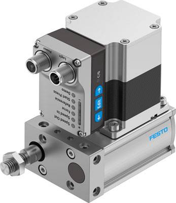 Ein pneumatischer Zylinder von FESTO mit einem elektrischen Regler, der durch Tasten mit 'start', 'stop' und 'speed' bedient wird.