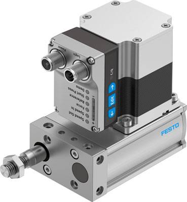 Ein pneumatisches Stellgerät von Festo mit zwei Anschlüssen und einem digitalen Display zur Steuerung von Geschwindigkeit und Position.