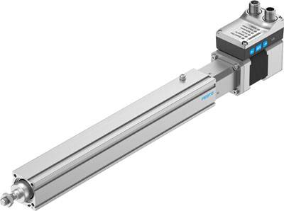 Elektrischer Schlitten mit integriertem Controller und Sensorik, linearer Aufbau, geeignet für präzise Positionieranwendungen.