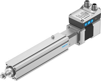 Elektrischer Linearantrieb von Festo mit einem kompakten Gehäuse und zwei Anschlussmöglichkeiten, ideal für präzise Bewegungssteuerung.