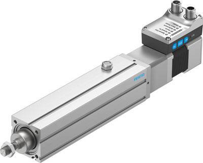 Ein elektrischer Aktuator von Festo in silbernem Gehäuse mit blauer Beschriftung, zwei Kabelanschlüssen oben und einem ausfahrbaren Schaft vorne.