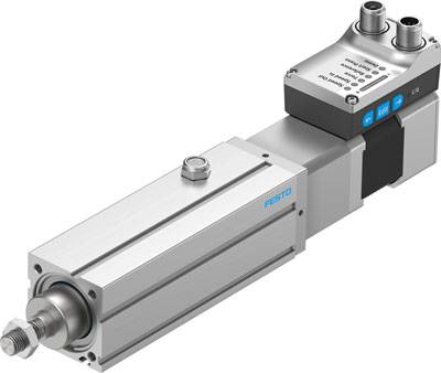 'Elektrozylinder von Festo' mit silbernem Gehäuse, vorne Kolbenstange, hinten elektrische Anschlüsse, geeignet für präzise Bewegungssteuerung.