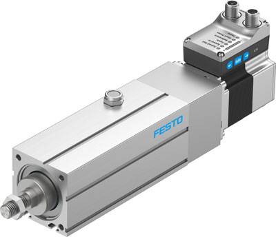 Elektrischer Antrieb von Festo in silberner Farbe mit sichtbaren Anschlüssen oben, typisches Produkt für Automatisierungstechnik.