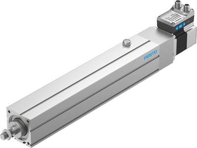 Ein elektrischer Linearzylinder von Festo mit Anschlussmöglichkeiten und Beschriftung in Blau, hauptsächlich silberfarben.