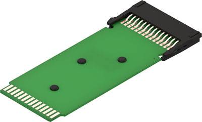 Grüne elektronische Platine mit goldenen Anschlüssen und schwarzem Stecker an einem Ende. Dient zur Datenübertragung.