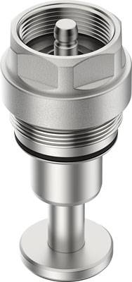 Ein silbernes Ventil mit Gewinde, zylindrischer Form, verwendet in Sanitärsystemen zur Steuerung des Wasserflusses.