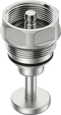 Ein silbernes Ventil mit einem runden Sockel und Gewinde, das sich für Rohrverbindungen eignet. Hauptsächlich in Sanitärinstallationen verwendet.
