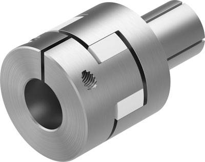 Silbernes Metallkupplungselement mit Schraubenloch, zylindrische Form, seitliche Einschnitte zur Befestigung, neutrale Umgebung.