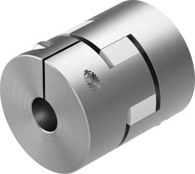 Metallkupplung mit Schrauben und Schlitz, zylindrische Form, dient zur Übertragung von Drehmoment zwischen Wellen, silberfarben.