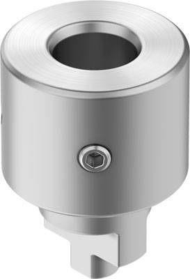 Ein silberner Metalladapter mit einer zentralen Öffnung und einer seitlichen Schraube. Geeignet zur Verbindung von Maschinenkomponenten.