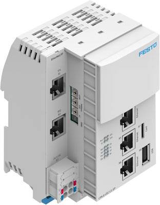 Eine weiße industrielle Steuerungseinheit mit Ethernet-Anschlüssen und mehreren Schnittstellen, gekennzeichnet durch das Logo 'Festo'.
