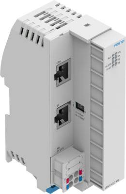 Graues Industriesystemmodul mit Anschlüssen und Indikatorleuchten. Aufschrift: 'FESTO'. Kompakt und vertikal orientiert.