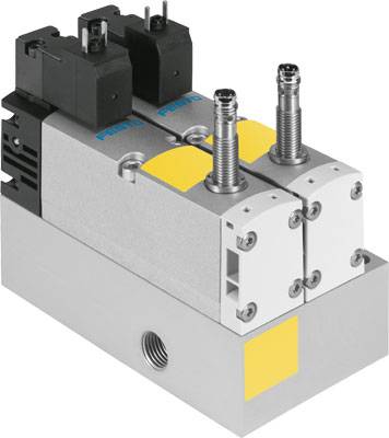 Elektropneumatisches Ventil mit zwei schwarzen elektromagnetischen Spulen auf einem metallischen Ventilblock, geeignet für industrielle Anwendungen.